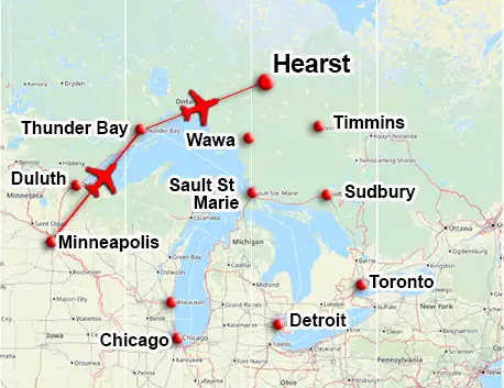 Charter flight route to Hearst Ontario